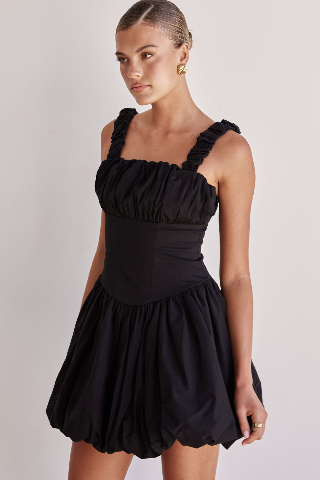 Black Cotton Poplin Bubble Mini Dress