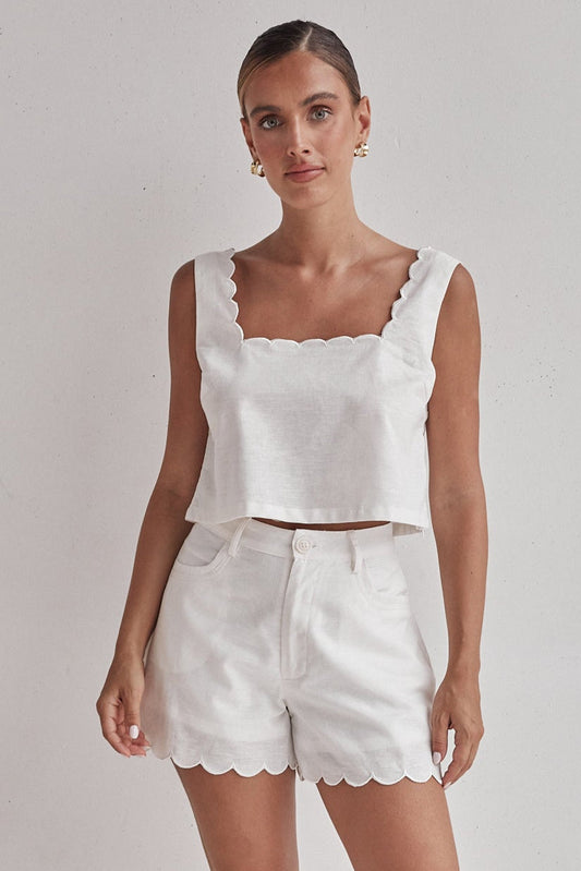 White Linen Shorts with Scalloped Hem – Lightweight & Chic